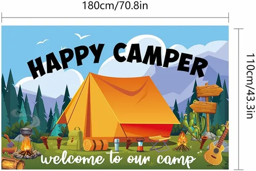 Vista 5 de Cartel de fondo de Happy Camper con 70.8 x 43.3 pulgadas, tela de poliéster grande para campamento, suministros de fotografía de fondo