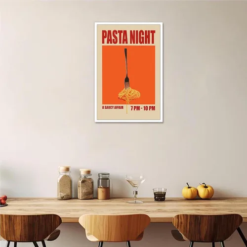 Vista 3 de Pósteres nocturnos de pasta retro, arte divertido de comida de fideos, arte de mediados de siglo, lienzo de cocina moderna de mediados de siglo