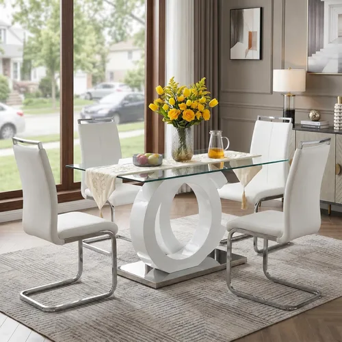 Vista 9 de Juego de mesa de comedor de vidrio Ebullient para 4, juego de mesa de comedor de 5 piezas, mesa de comedor de vidrio templado, mesa de comedor