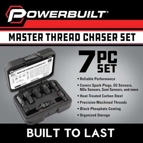 Vista 3 de Powerbuilt 7pc Master Thread Repair Chaser Set (O2, Spark Plug & Fasteners) Heat-treated steel, restores damaged fastener grooves; corrosion