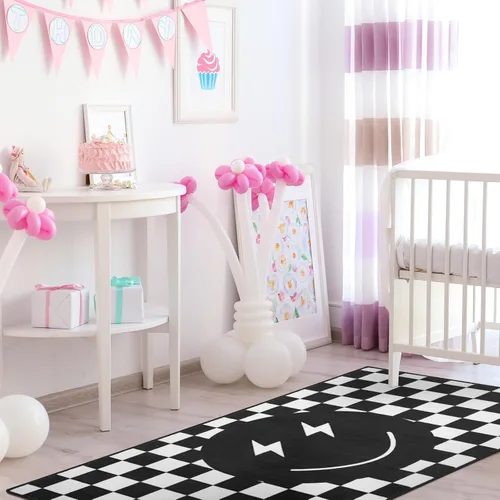 Vista 4 de Demissle Alfombra negra con diseño de sonrisa, diseño a cuadros, divertida, para dormitorio, contemporánea, a cuadros, decoración de habitación
