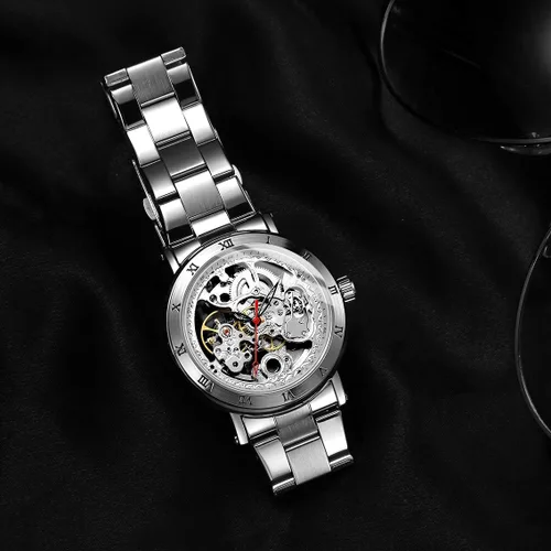 Vista 3 de Sweetbless Reloj de pulsera mecánico hombres tallado esqueleto auto viento relojes transparente, plateado, Classic
