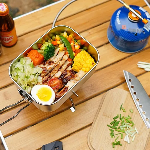 Vista 4 de VALINK Caja de almuerzo, caja Bento de acero inoxidable con asa plegable, recipientes de alimentos con tapa de bambú para acampar al aire libre