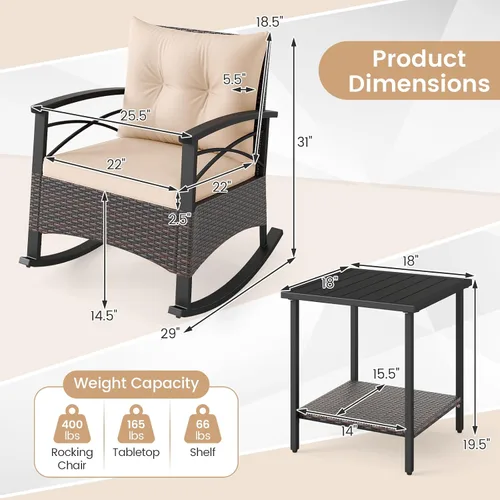 Vista 4 de Tangkula Juego de 3 mecedoras para exteriores, sillas mecedoras acolchadas de ratán resistente con mesa de centro de vidrio templado de 2 niveles