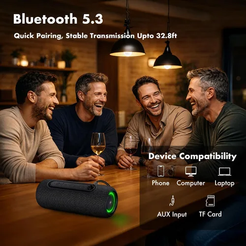 Vista 6 de Fisher Altavoces Bluetooth portátiles IPX5 impermeable altavoz, 14 W de potencia máxima estéreo Bluetooth altavoz, luces RGB, TWS, BT 5.3, micrófono