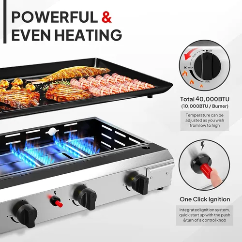 Vista 3 de Bonnlo Plancha de Propano Portátil de 4 Quemadores, 40,000 BTU Plancha de Gas con Bandeja Esmaltada, Plancha de Gas de Superficie Plana Rodante