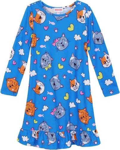 Vista 9 de JESKIDS Camisones de niñas de manga larga con estampado de dinosaurios, vestido de pijama Azul lindo perro