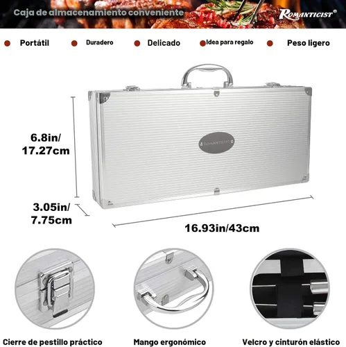 Vista 6 de ROMANTICIST Juego de 23 accesorios imprescindibles para parrilla de barbacoa con termómetro en estuche, juego de herramientas de barbacoa de acero