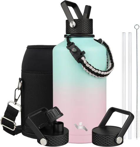 Vista 21 de Konokyo - Botella de agua aislada de 18 onzas, botellas deportivas de acero inoxidable con 3 tapas, verde militar