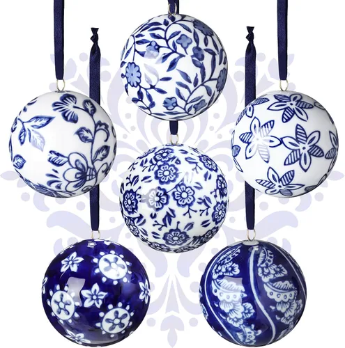 Vista 8 de Cindeer 6 bolas de porcelana china azul y blanca de 2.4 pulgadas, adorno de porcelana a granel de cerámica para Año Nuevo, decoración para fiesta
