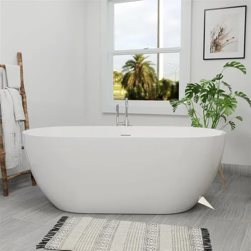 Vista 15 de Bañera independiente de acrílico Lucite de 59", forma columnar, tina de remojo contemporánea con desagüe central cromado con grifo de pie