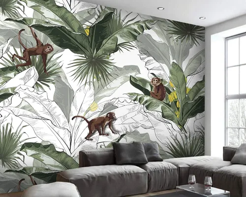 Vista 2 de Murwall Papel tapiz de hoja de plátano para cuarto de bebé, diseño de mono, decoración botánica para el hogar, café, sala de estar, dormitorio