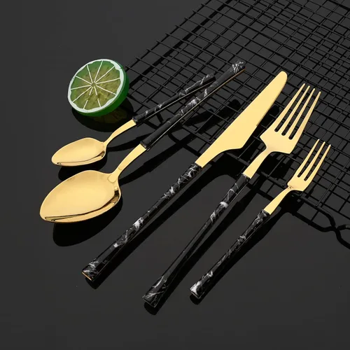 Vista 2 de JASHII Juego de cubiertos de acero inoxidable con textura de mármol, 24 piezas, tenedor de cuchillo, cuchara de té, cubiertos plateados para 6