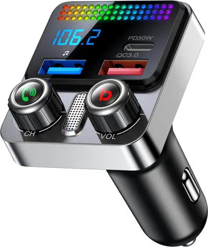 Vista 10 de Adaptador Bluetooth 5.4 de 60 W de carga USB Bluetooth adaptador para coche, radio transmisor FM inalámbrico, llamadas manos libres y receptor