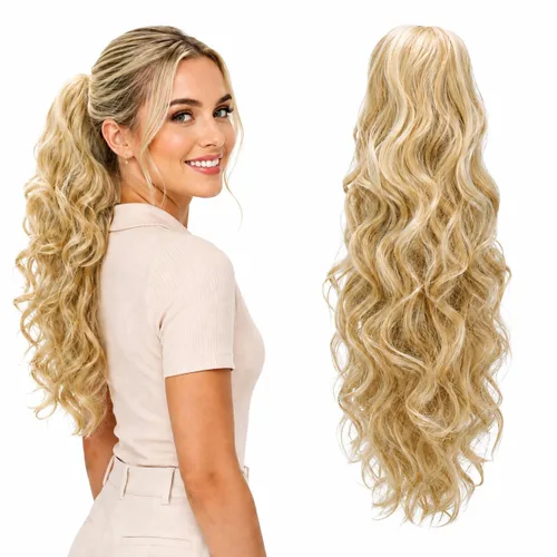 Vista 34 de CAISHA Extensiones de cola de caballo de 18 pulgadas, voluminosas, onduladas, marrón ceniza, mezcla de rubio claro PH35