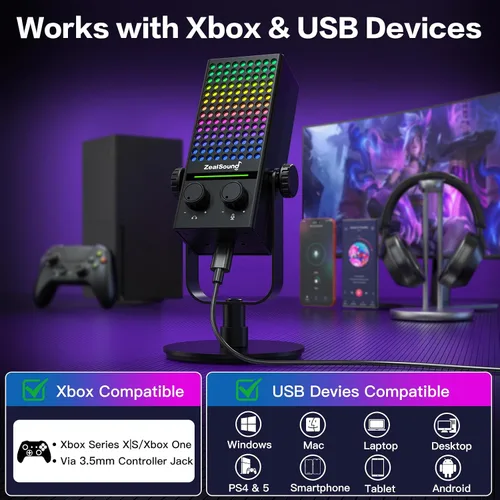 Vista 2 de ZealSound Micrófono USB para juegos para Xbox PC, Mac, iPhone y Android, micrófono de reducción de ruido con silencio de un toque, control