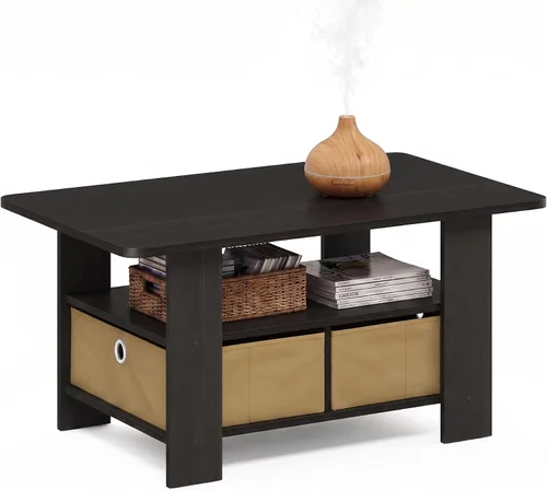 Vista 9 de Furinno Andrey - Mesa de centro con cajón de contenedor, pino ámbar/negro, pequeña parte superior sin elevación Ámbar Pino/Negro