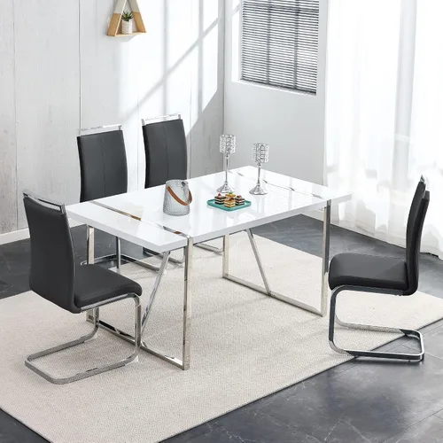 Vista 7 de Juego de mesa de comedor para 4, juego de mesa de cocina moderno con 4 patas de metal tapizadas, juego de mesa de comedor blanco para 4 personas