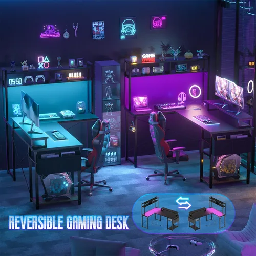 Vista 7 de Besiost Escritorio pequeño en forma de L para juegos con tomas de corriente, escritorio reversible en forma de L de 48" con LED para computadora