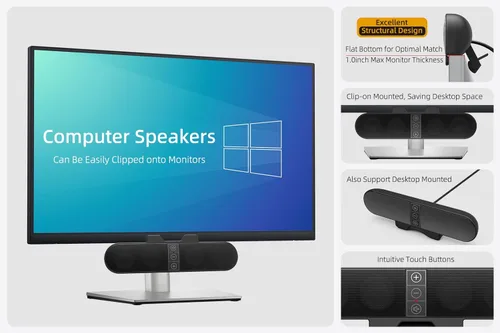 Vista 6 de Altavoces de computadora para monitor de computadora de escritorio, enchufe USB, con cable, barra de sonido de computadora para PC, altavoces