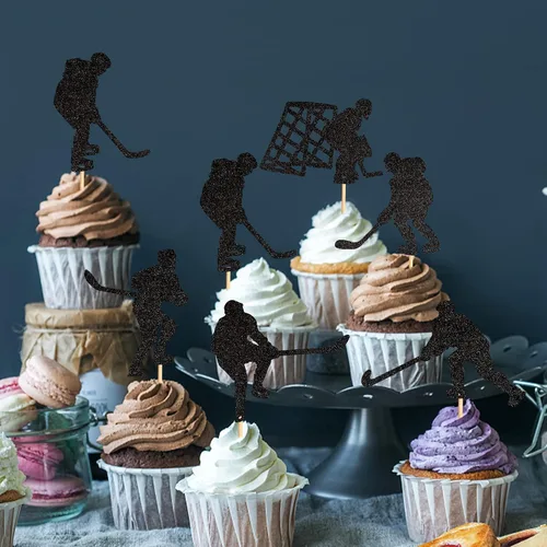 Vista 5 de Ercadio Paquete de 24 adornos de hockey para cupcakes temáticos deportivos, decoraciones para jugadores de hockey, baby shower, suministros