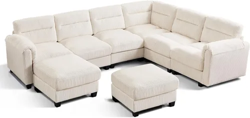 Vista 9 de HAOMARKETS Sofá esquinero modular en forma de L de 115 pulgadas con 2 otomanas móviles, sofás de pana de 8 plazas con cojín grueso para sala de Beige
