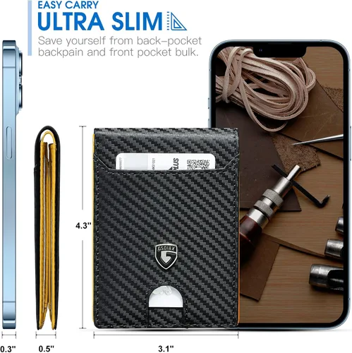 Vista 3 de GSOIAX Billetera delgada para hombre con bloqueo RFID, carteras plegables para hombres, minimalista, de piel auténtica, fibra de carbono, tarjetero