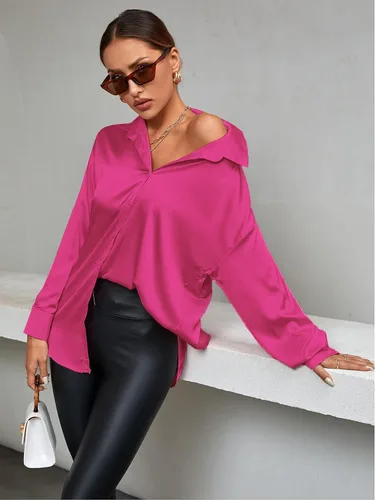 Vista 6 de LYANER Blusa de manga larga con cuello en V y botones de seda satinada para mujer