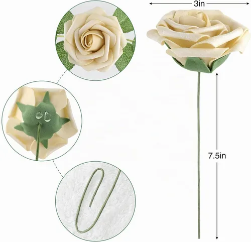 Vista 6 de AmyHomie 25 flores artificiales de aspecto real con tallo de rosa beige