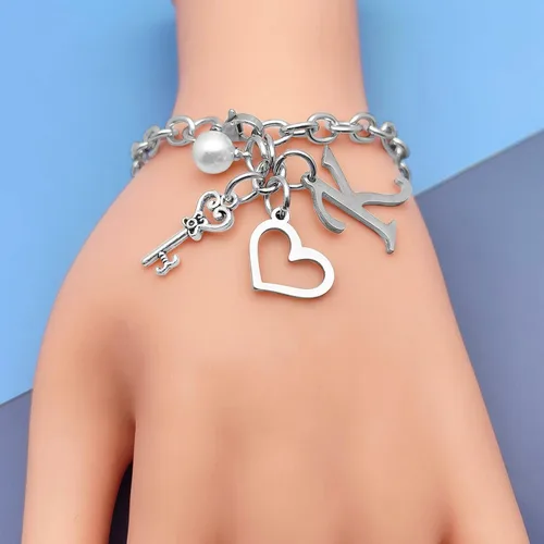 Vista 6 de Pulseras con inicial de la A a la Z, regalo para mujeres y niñas, pulsera de cadena de acero inoxidable con 26 letras del alfabeto, regalos