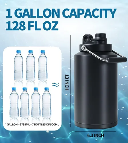 Vista 2 de Jarra de Agua de Galón, Botella de Agua Aislada, Jarra de 1 Galón con Asa, Botella de Agua Grande de Acero Inoxidable de 128 oz de Boca Ancha