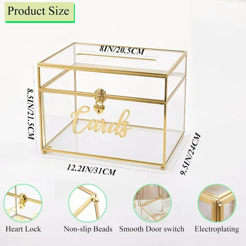 Vista 2 de Caja de tarjetas de boda con cierre de corazón, caja de tarjetas de vidrio de metal grande con marco dorado para recepción de fiestas, bodas, baby