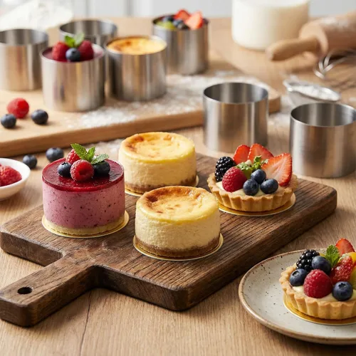 Vista 4 de 12 mini anillos redondos para tartas de 2 pulgadas, molde de flan de postre de mousse de acero inoxidable, pequeños aros de pastelería de grado