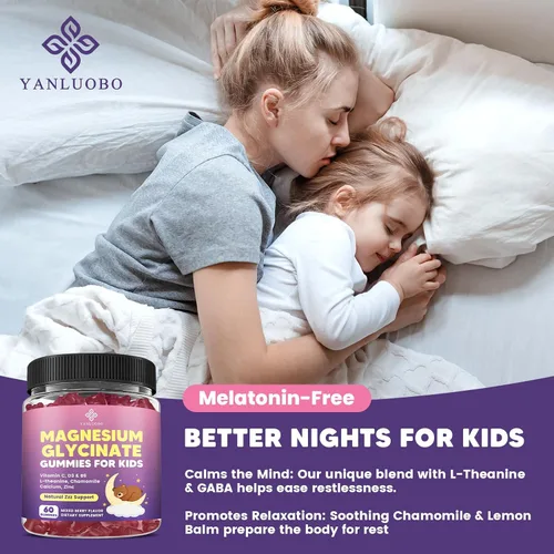 Vista 6 de Gomitas de magnesio para niños, gomitas de glicinato de magnesio 400 mg/200 mg con L-teanina, manzanilla, vitamina B6, D3 para niños, relajación