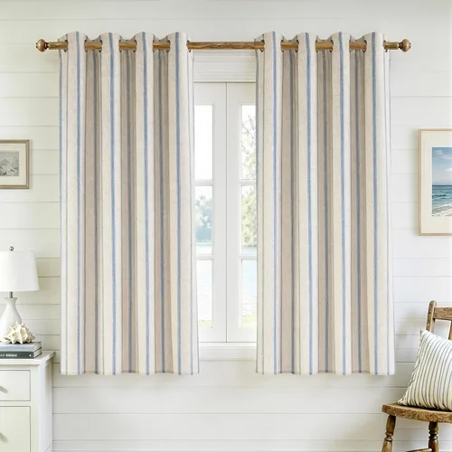Vista 43 de DriftAway, cortinas de mezcla de lino estilo granja 100% opacas de 63 pulgadas de largo para dormitorio, cortinas de lino con rayas verticales