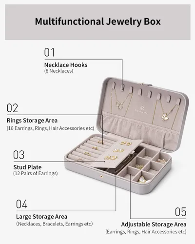 Vista 4 de Vlando Joyero de viaje para mujer, caja organizadora de joyas de cuero portátil para collares, aretes, anillos, pulseras, tamaño pequeño, regalos