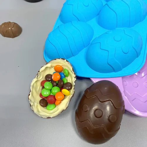 Vista 4 de Moldes de chocolate para huevos de Pascua, silicona, grandes y pequeños, 5 patrones, huevos de chocolate y pasteles de bricolaje