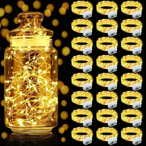 Vista 30 de Aogist Paquete de 24 luces de hadas, 3 modos, 2,1 metros, 20 luces LED, impermeables, cable plateado, funcionan con pilas, mini luces de alambre