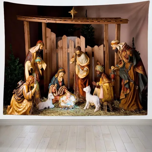 Vista 6 de Loccor Tapiz de escena del Nacimiento de Navidad, escena del pesebre, figuras de Jesús, Virgen María, tapiz para colgar en la pared, arte de pared