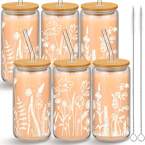 Vista 7 de Bokon 3 tazas de vidrio para regalo de dama de honor de 16 onzas, tazas de café helado floral con tapas de bambú y cepillo para pajitas, lindos