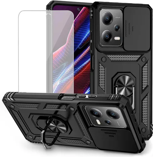 Vista 9 de Funda para Redmi Note 12 Pro, Poco X5 Pro 22101320G con protector de pantalla de vidrio templado y cubierta de cámara deslizante, anillo magnético