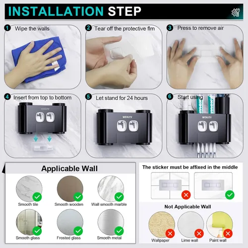 Vista 7 de Portacepillos de Dientes, Portacepillos de Dientes Multifuncional Montado en Pared, Dispensador de Pasta de Dientes para Baño con 2 Exprimidores