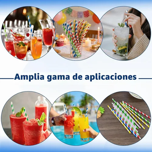 Vista 4 de 100 popotes de papel biodegradables a granel, varios colores del arco iris a rayas, pajitas para jugos, batidos, cócteles, café, refrescos, batidos