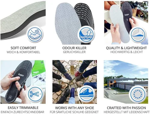 Vista 4 de Kaps Odour Stop - Juego de 6 pares de plantillas antiolores para zapatos con carbón que come olor, insertos para zapatos, paquete de 6 pares