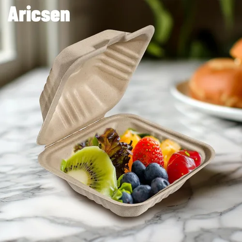 Vista 6 de Aricsen Paquete de 50 Cajas de Almuerzo Cuadradas Pequeñas Desechables Compostables de 6 x 6 Pulgadas, Recipientes para Llevar con Tapa, Concha Tipo