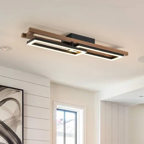 Vista 10 de Lingkai Luces LED de techo modernas de madera, cuadrada, rectangular, de madera, 17.3 pulgadas, 12 W, accesorios de iluminación de techo de cocina