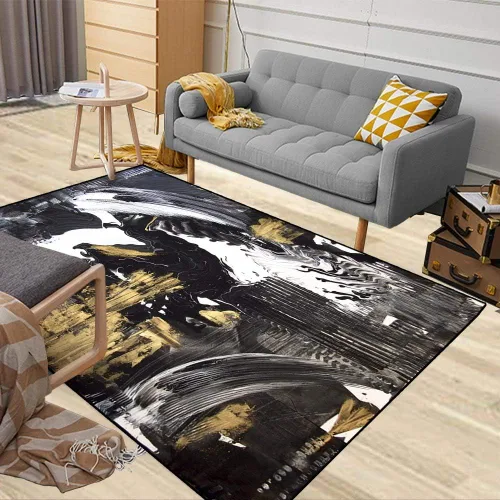Vista 3 de TOMWISH - Alfombra abstracta pintada a mano en blanco y negro con pintura dorada, sala de estar, dormitorio, decoración de suelo, alfombra