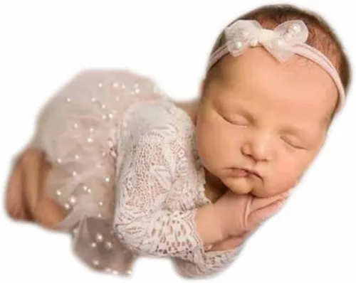 Vista 10 de Traje de fotografía para bebé, traje de encaje para recién nacido, sesión de fotos, diadema de flores, disfraz de princesa