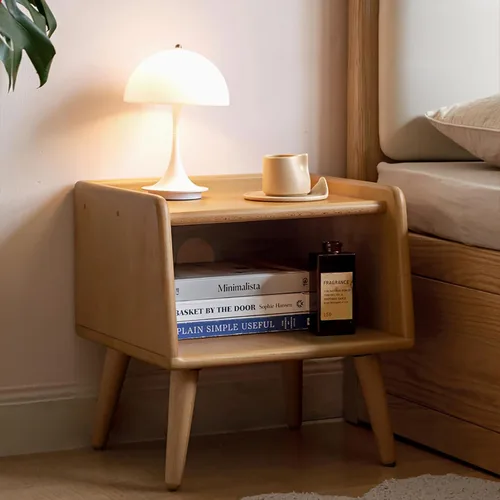 Vista 7 de Mesita de noche pequeña, mesa de noche 100% madera de roble macizo, mesita de noche moderna de mediados de siglo con almacenamiento abierto, armario
