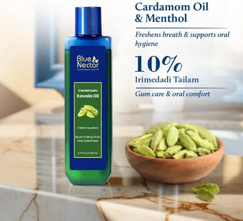 Vista 2 de Blue Nectar Aceite de menta de cardamomo para la boca, ambientador bucal ayurvédico y enjuague bucal, aceite de tracción natural para aliento fresco
